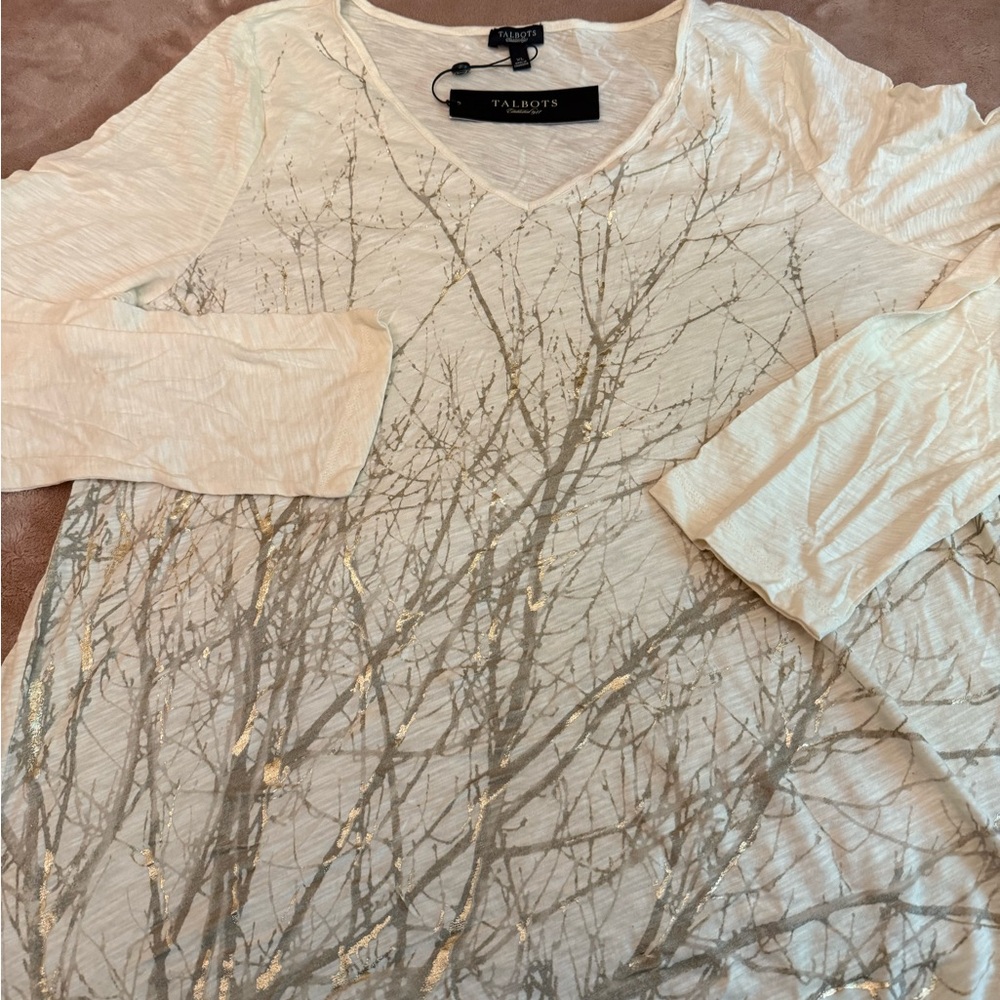Talbots Cream Graphic Long Sleeve Blouse